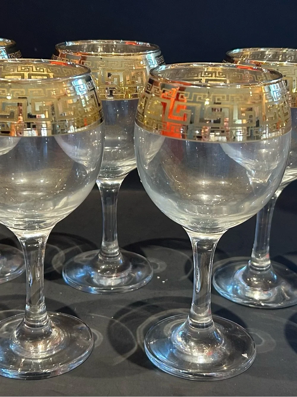 8 Vintage Gold Rimmed Greek Key Wine Goblets Glasses- Lead Free Glasses.